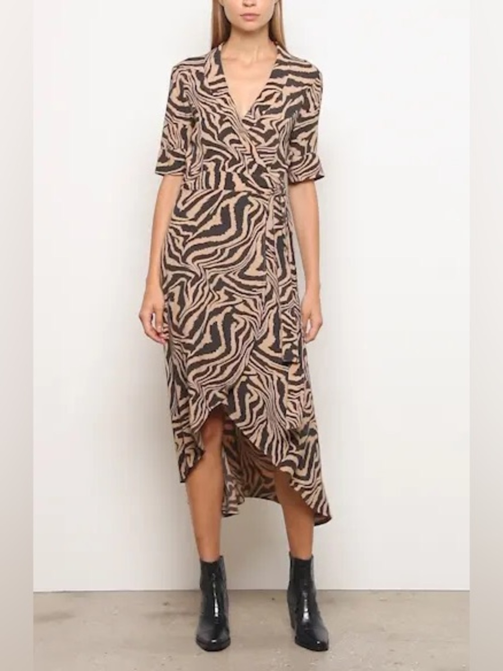 Ganni Tiger Stripe Print Wrap Midi Dress - size 36 - lightweight and summery